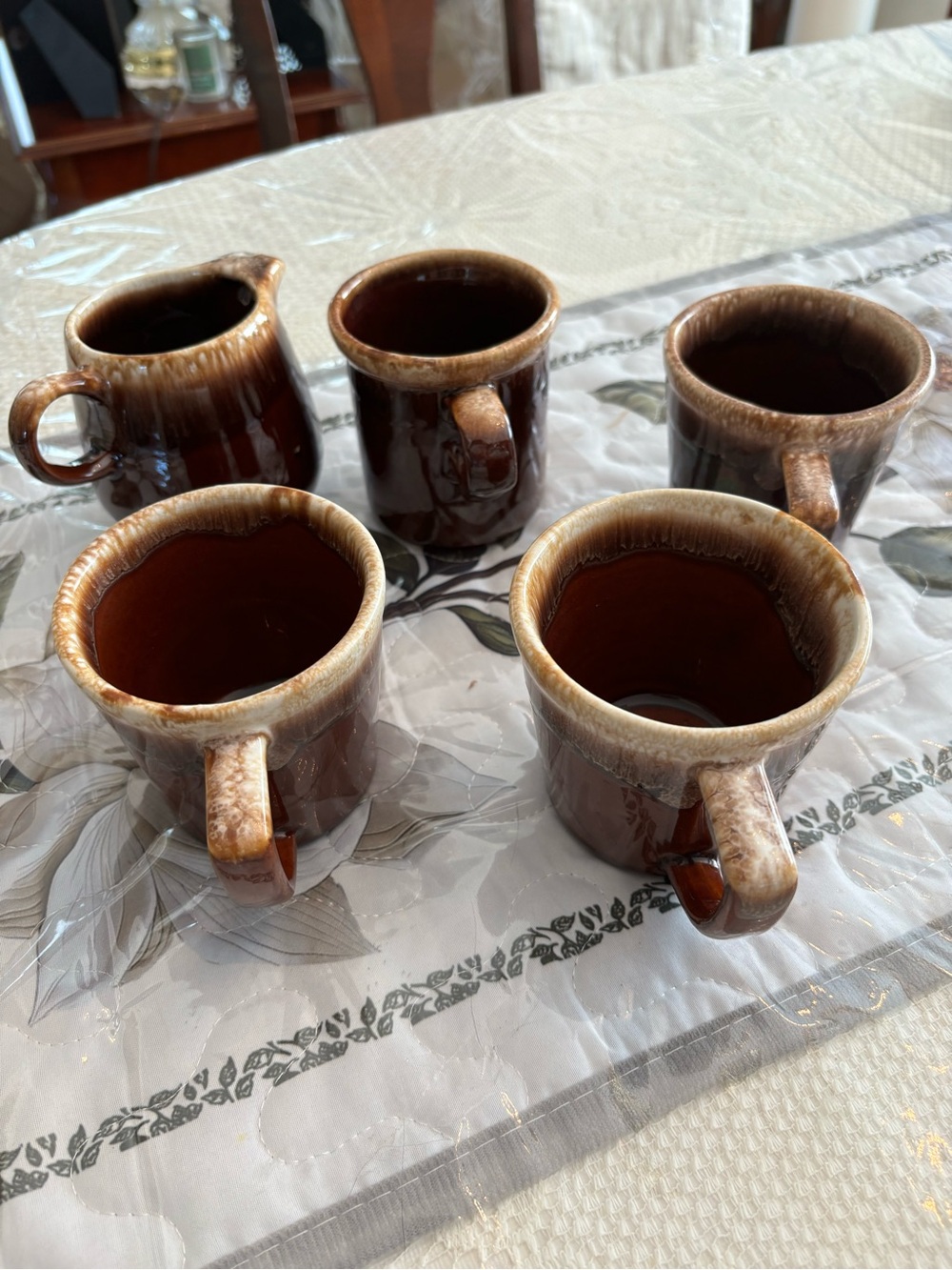McCoy MCM Brown Drip-Edge Stoneware Mugs and Creamer — Set of 5